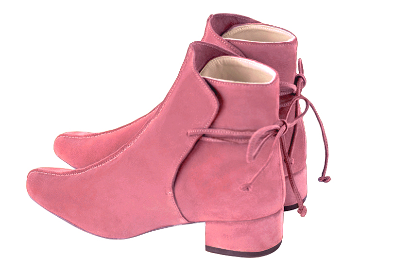 Women's blush pink back lace-up ankle boots with round toe and low block heel - Rear view
